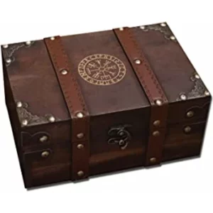 Boîte de coffre en bois et cuir, boîte en bois gravée avec boussole viking runique avec doublure en velours, boîte de rangement Vegvisir Wiccan pour fournitures et outils et boîte à souvenirs | Beauxcadeaux